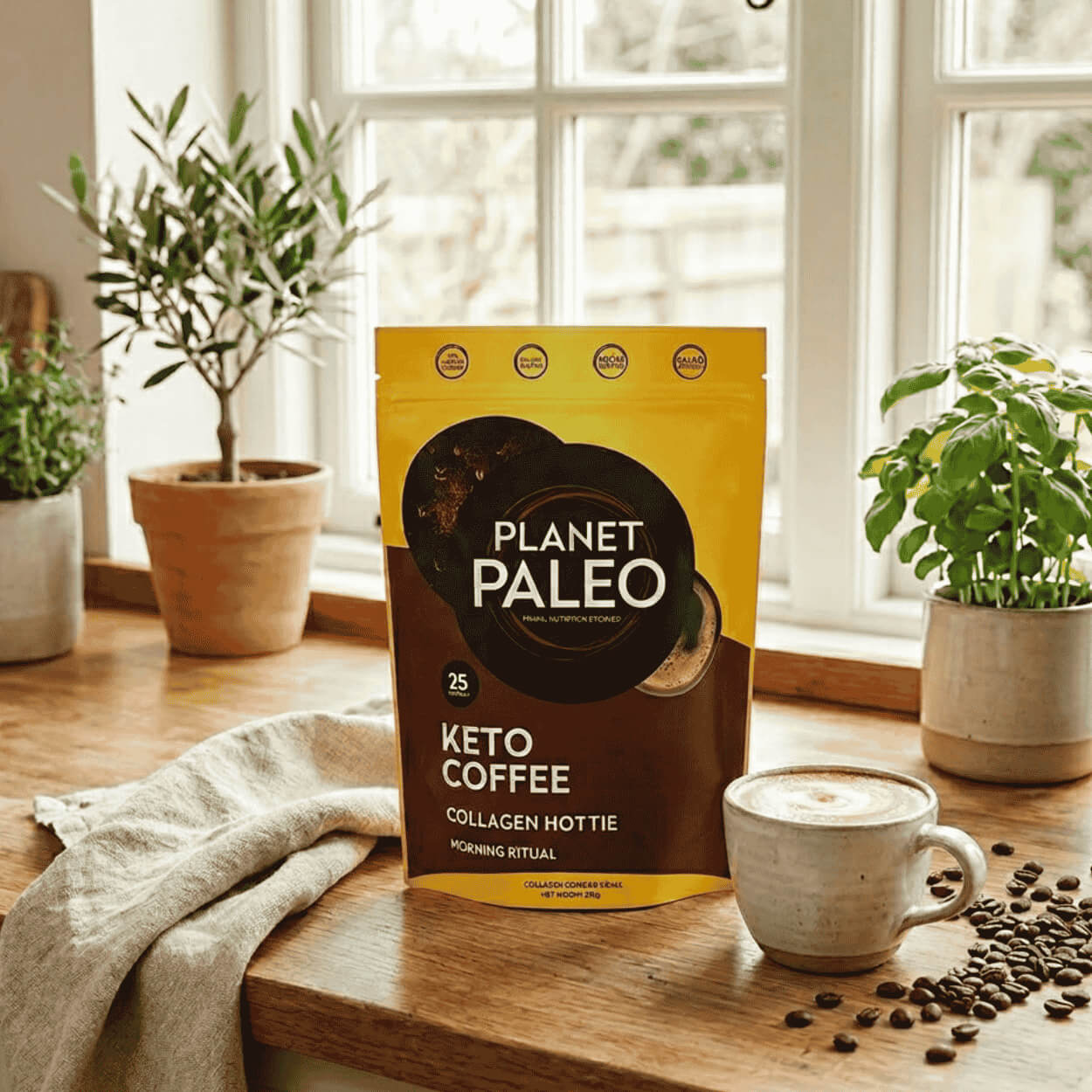 Balení Planet Paleo Keto Coffee Latté vedle šálku krémové kávy a kávových zrn.